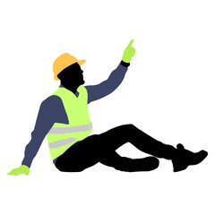 Silhouette of worker with a helmet. A worker sitting on the ground. Vector flat style illustration isolated on white