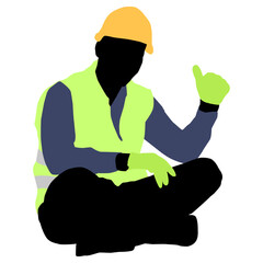 Silhouette of worker with a helmet. A worker sitting on the ground. Vector flat style illustration isolated on white