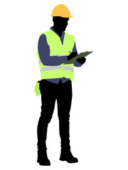 Silhouette of worker with a helmet. Vector flat style illustration isolated on white