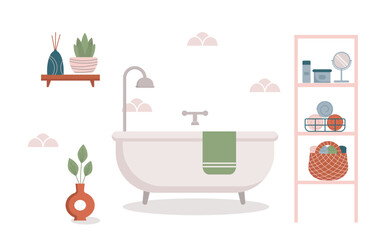 Bathroom interior. Bath tub, tile, bath accessories, plants, shelf with cosmetics and mirror . Comfy bathroom design. Vector illustration.