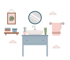 Bathroom interior with mirror, sink, towel holder and picture. Shelf with towels and cosmetics. Cozy bath interior.