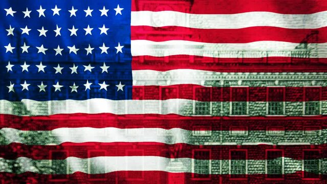 Dollar power concept, US flag with background of banknote parts