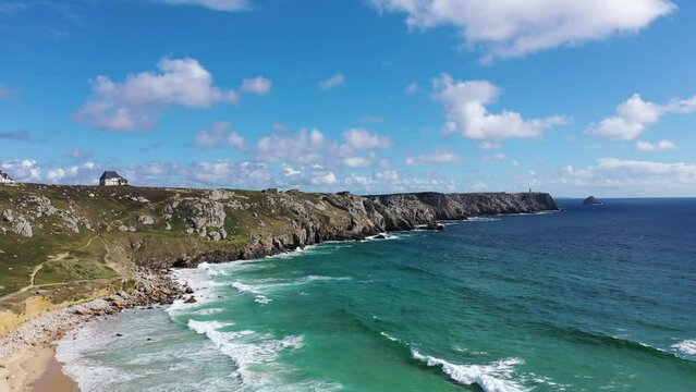Beautiful sea landscape, beautiful rocky coast, view from the drone 4k, Crozon in France.