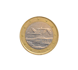 Reverse of One Euro coin made by Finland, that shows Two flying swans, a design taken from a competition for a coin to commemorate the 80th anniversary of the independence of Finland