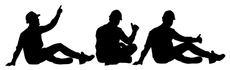 Silhouettes set of workers with helmets. A worker sitting on the ground. Vector flat style illustration isolated on white