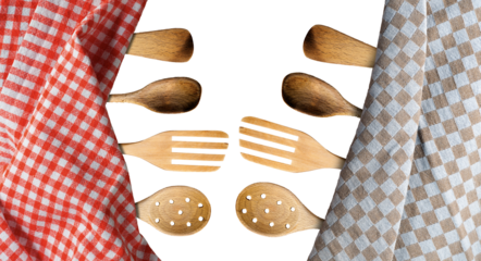 Two checkered tablecloths (one red and white, the other brown and white) with wooden kitchen utensils, isolated on transparent background. Template for a food menu or recipes.