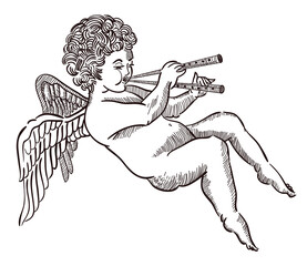 PNG transparent engraving of child cherub angel with wings, flying and playing music on pipes - 534534295