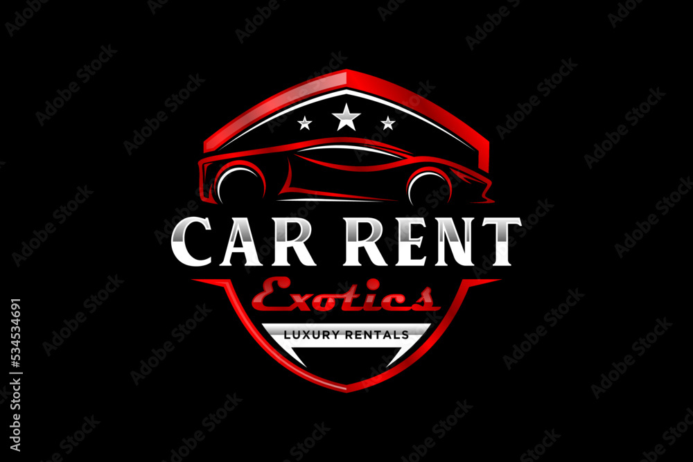 Wall mural Luxury expensive car rental logo design, automotive icon symbol metalic reflection shield shape garage emblem badge