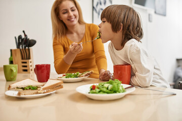 Obraz na płótnie Canvas Blurred mother feeding little boy with salad