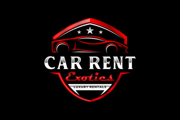 Luxury expensive car rental logo design, automotive icon symbol metalic reflection shield shape garage emblem badge