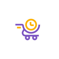 Retail Shopping Cart with Time Clock Logo Design Vector