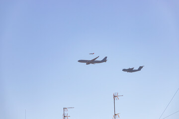 MADRID, SPAIN - October 12, 2023. Spanish Air Force rehearsing for the National Day of October 12 through the streets of the city of Madrid.