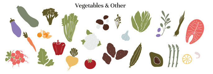 vegetables, cabbage, celery, salmon, eggplant, avocado, potato, carrot, radish, pepper, lettuce, eggplant, asparagus