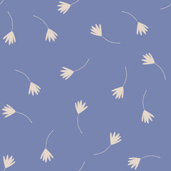 Hand drawn chamomile seamless pattern. Beige flowers on pale blue background. Simple repeating pattern