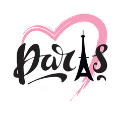 Paris. France. Vector hand lettering. Black letters in a pink heart and white background. Trendy calligraphy for travel blog brochure cards calendars notebooks . Digital illustration. Wanderlust.