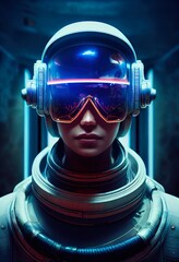 Portrait of a man wearing a cyberpunk headset, neon virtual glasses, and cyberpunk gear. A high-tech futuristic man from the future. The concept of virtual reality and cyberpunk. 3D rendering.