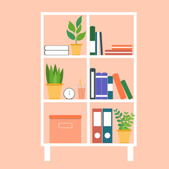Stylish rack with books, home plant and decor elements. Vector furniture for a  bedroom or hall. Flat Illustration of a modern interior. 