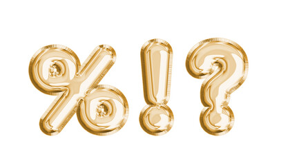 Luxury realistic 3d illustration gold helium balloons with clipping path. question mark, exclamation mark , percent , Educational symbols 3D illustrations . Mock up balloon foil .