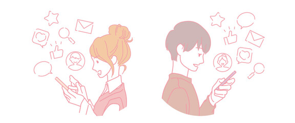 マッチングアプリ・出会い系サイトを利用する若い男女とアイコン　セット