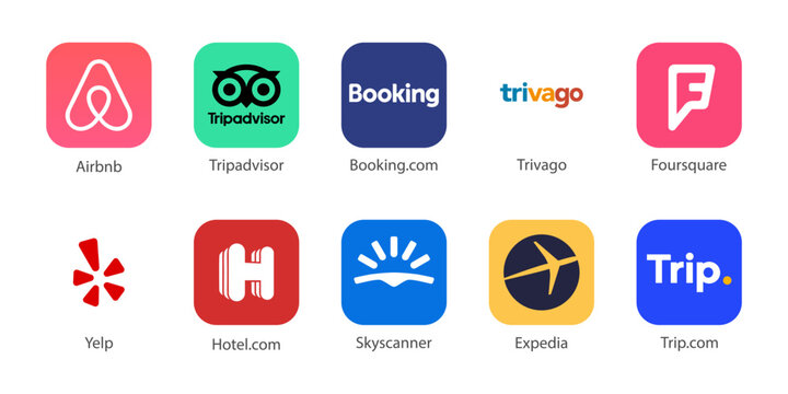 Bookings App logo vector set : Tripadvisor, Booking.com, Airbnb, Expedia, Trivago, Yelp, Trip, Skyscanner , Foursquare, Hotel.com. Restaurant Booking application icons on isolated background