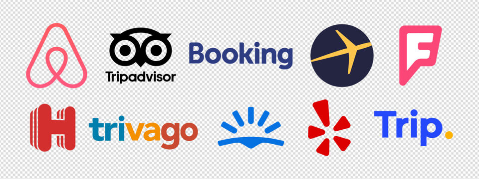 Bookings App logo vector set : Tripadvisor, Booking.com, Airbnb, Expedia, Trivago, Yelp, Trip, Skyscanner , Foursquare, Hotel.com. Restaurant Booking application icons on transparent background