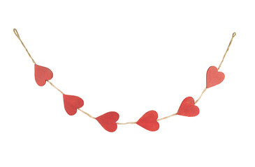 Hanging rustic garland from red wooden hearts isolated on transparent background.