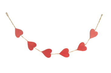 Hanging rustic garland from red wooden hearts isolated on transparent background.