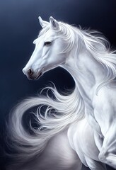 Plakat Painted beautiful white racehorse on a black background.