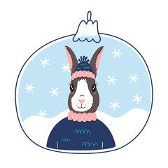 Rabbit and Christmas toy. A cute stylized rabbit sits in a Christmas toy. Funny doodles on the New Year theme.
