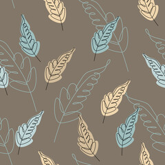 Decorative leaves drawn in doodle style in pastel colors on a brown background. Floral seamless pattern. Flat vector illustration.