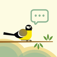 Flat style vector illustration of a great tit bird sitting on a branch with green leaves, speech bubble. Messenger, Language learning application graphics