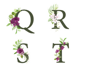 Alphabet set of A, B, C, D with watercolor floral decoration