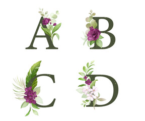 Alphabet set of A, B, C, D with watercolor floral decoration