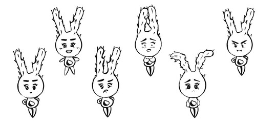 Set of emotions of black contour images of a monster on a white background