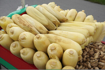 piles of raw corn being peddled in the market  