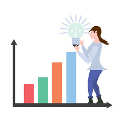 Obraz premium Businesswoman holding a bulb on top of the column graph. Business concept of goals, success, achievement and challenge.