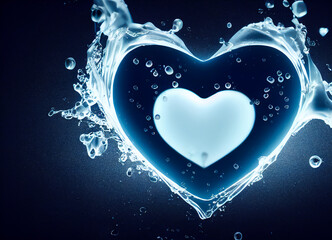 Heart shaped water splashes with bubbles and blue liquid to illustrate love for a wedding, engagement or Valentine's Day, 3D illustration