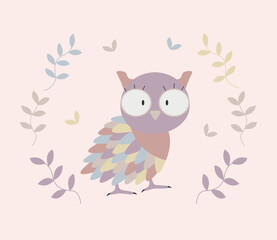 Cute pretty cartoon owl with colorful feathers. Vector pastel illustration for baby print, birthdays and invitation designs.