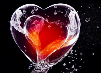 Red heart in heart shape, minimalist splatter on black background, for wedding engagement or valentine, 3D illustration