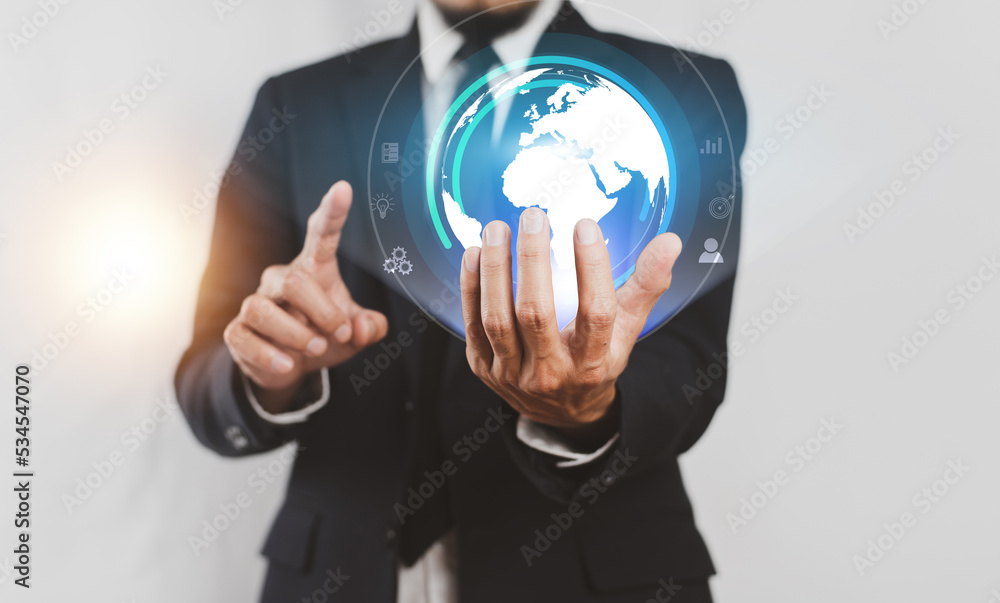 Poster man hand holding virtual global internet connection metaverse. business global internet connection a
