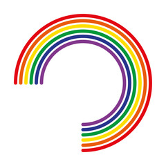 Concentric three quarters circles, rainbow colored. Outlined ring shapes. Isolated png illustration, transparent background. Asset for overlay, montage, collage, stamp, sticker. Pride concept.