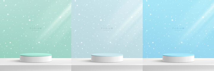 Set of 3d green, blue, white realistic cylinder pedestal podium with snow fall background. Merry christmas concept. Vector geometric form. Abstract minimal scene mockup product display, stage showcase