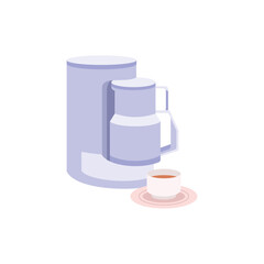 Coffee maker with soft pink coffee cup, flat illustration on white background