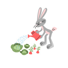 Happy rabbit watering vegetables. Vector isolated colorful illustration in flat style.	