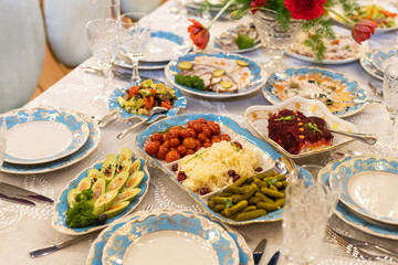 Catering service. Snacks for guests on the table.