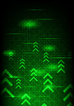 Abstract technology style background: the theme of online network and linking communication, with arrow and glow lines on dark green color tone