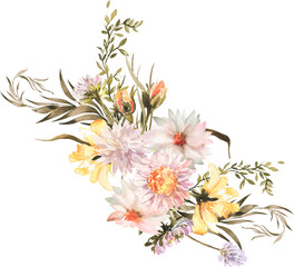 Watercolor Wildflowers Daisies Roses Convolvulus Asters Autumn Flowers Red Asters Red Dahlias for wedding postcard