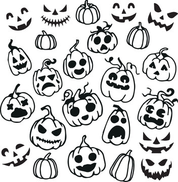 Halloween elements in doodle style, set for happy halloween with pumpkins
