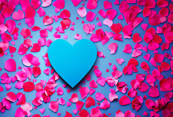 Blue heart covered with rose petal, symbol of love and Valentine's Day, lovers' day, 3D illustration