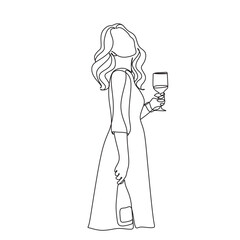 Woman with wine glass line draw. Drawing with one continuous line. Linear glamor logo in a minimalistic style for a wine label.